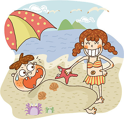 EPS 주간 라이프스타일 계절 여자 어린이교육 교육 남자 초등학생 어린이 일러스트 방학 휴가 여름방학 사람 해변 야외 두명 여름 모래사장 어린이만 국내일러스트 자연요소 학생 바다 생활 파일형식 벡터 여름_계절