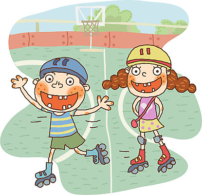 EPS 주간 라이프스타일 계절 여자 남자 초등학생 어린이 일러스트 방학 여름방학 사람 야외 두명 레포츠 롤러블레이드 어린이만 국내일러스트 자연요소 학생 레저 휴가 취미 생활 파일형식 벡터 여름_계절