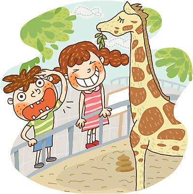 EPS 주간 동물 라이프스타일 계절 여자 어린이교육 교육 남자 초등학생 어린이 일러스트 방학 동물원 여름방학 사람 야외 두명 기린 견학 어린이만 국내일러스트 자연요소 학생 포유류 휴가 생활 파일형식 벡터 여름_계절