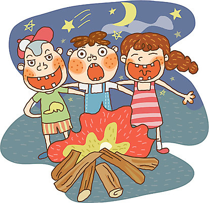 EPS 라이프스타일 계절 여자 남자 별 초등학생 어린이 여행 일러스트 방학 휴가 여름방학 사람 야외 세명 캠핑 달 야간 모닥불 어린이만 국내일러스트 자연요소 학생 불 레저 생활 파일형식 벡터 여름_계절