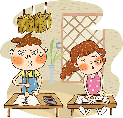 EPS 라이프스타일 계절 여자 어린이교육 교육 남자 초등학생 어린이 일러스트 서예 방학 실내 여름방학 사람 두명 한자 메주 한자공부 어린이만 국내일러스트 문자 학생 한국전통 휴가 내부 생활 학습 파일형식 벡터 여름_계절