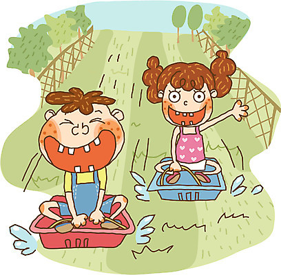 EPS 주간 라이프스타일 계절 여자 남자 초등학생 어린이 일러스트 방학 여름방학 사람 야외 두명 썰매 어린이만 국내일러스트 자연요소 학생 휴가 생활 파일형식 벡터 여름_계절