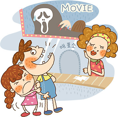 EPS 라이프스타일 계절 여자 남자 초등학생 어린이 여행 일러스트 방학 휴가 여름방학 사람 여러명 영화관 공포영화 매표소 어린이만 국내일러스트 학생 다수 생활 극장 영화 파일형식 벡터 여름_계절