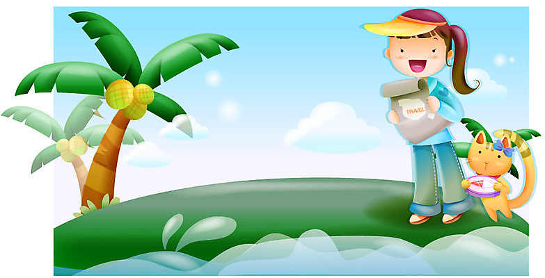 EPS 여자 어린이 바다 여행 지도 일러스트 자연 휴가 한명 사람 소녀 20대 성인 해변 야외 여름 반려동물 야자수 고양이 나침반 여자만 여자한명만 국내일러스트 나무 동물 1 계절 포유류 청년 생태계 파일형식 벡터