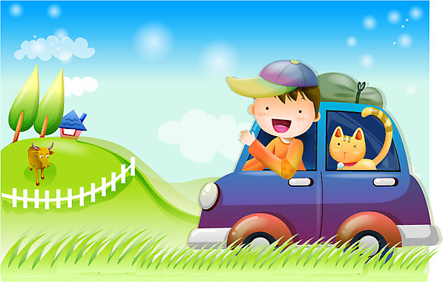 EPS 주간 남자 어린이 여행 일러스트 승용차 자동차 자연 휴가 한명 사람 소년 20대 성인 야외 고양이 목장 드라이브 시골 남자만 남자한명만 국내일러스트 자연요소 1 육상교통 포유류 청년 반려동물 운전 생태계 파일형식 벡터