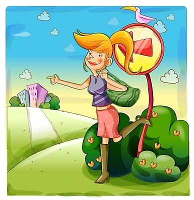 EPS 주간 여자 여행 일러스트 자연 하늘 휴가 한명 사람 20대 성인 야외 시골 표지판 여자만 여자한명만 성인여자만 청년만 청년여자만 성인한명만 청년여자한명만 성인여자한명만 성인만 국내일러스트 자연요소 1 알림판 청년 생태계 파일형식 벡터