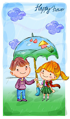 EPS 주간 커플 여자 남자 행복 감정 어린이 일러스트 우산 상상 자연 동화 사람 소녀 소년 초원 야외 두명 순수 소서 어린이만 국내일러스트 자연요소 컨셉 관계 여름 절기 생태계 파일형식 벡터