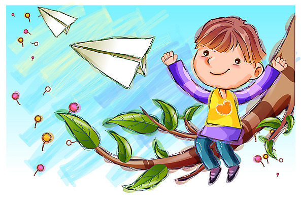 EPS 남자 행복 감정 초등학생 어린이 일러스트 상상 자연 동화 한명 사람 소년 나뭇가지 종이비행기 순수 남자만 남자한명만 어린이만 소년만 소년한명만 국내일러스트 나무 1 학생 컨셉 생태계 종이접기 파일형식 벡터