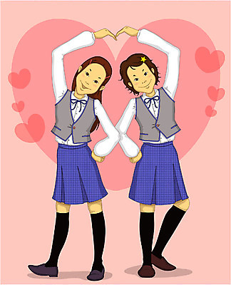 EPS 전신 학생 여자 교육 교복 포즈 일러스트 고등학생 서기 사람 두명 하트 여자만 십대만 십대여자만 국내일러스트 모양 옷 모션 청소년 파일형식 벡터