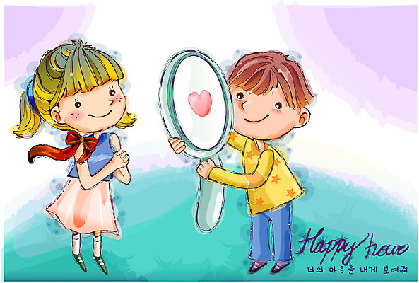 EPS 커플 여자 남자 행복 감정 어린이 일러스트 상상 자연 돋보기 동화 사랑 사람 소녀 소년 두명 마음 순수 어린이만 국내일러스트 컨셉 관계 생태계 파일형식 벡터