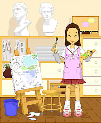 EPS 전신 학생 여자 교육 교복 일러스트 교과목 교실 학교 청소년 수업 실내 미술 한명 서기 사람 10대 물감 붓 팔레트 이젤 그림 미술교육 여자만 여자한명만 십대만 십대여자만 십대여자한명만 국내일러스트 1 옷 모션 문화예술 내부 미술도구 파일형식 벡터