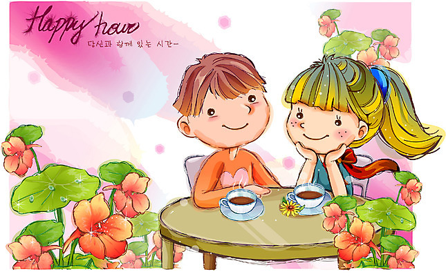 EPS 커플 여자 남자 꽃 행복 감정 커피 어린이 일러스트 상상 자연 동화 티타임 휴식 사람 소녀 소년 두명 마시기 차 순수 어린이만 국내일러스트 식물 음료 컨셉 관계 모션 생태계 파일형식 벡터