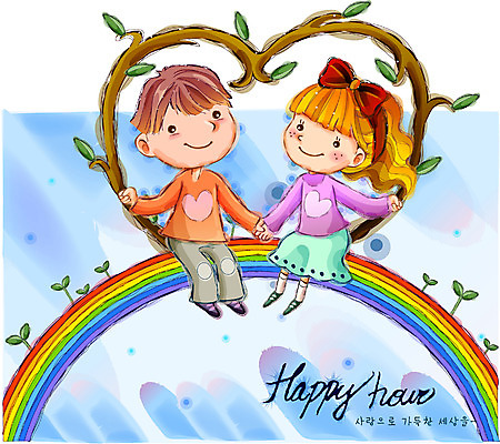 EPS 커플 여자 남자 행복 감정 어린이 무지개 일러스트 상상 자연 동화 사랑 사람 소녀 소년 두명 순수 어린이만 국내일러스트 자연요소 컨셉 관계 생태계 파일형식 벡터