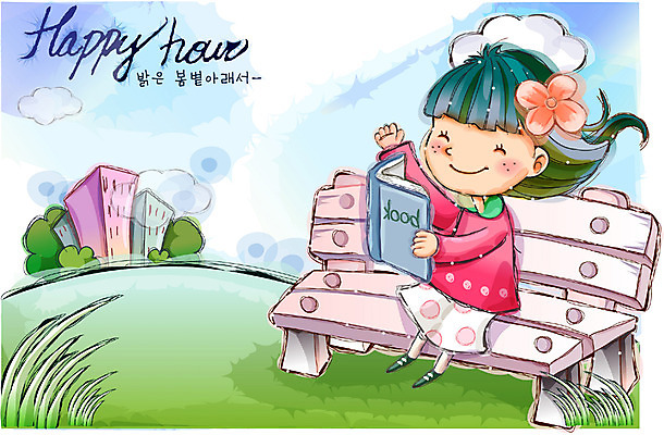 EPS 주간 여자 행복 감정 초등학생 어린이 벤치 일러스트 상상 자연 한명 사람 소녀 야외 10대 독서 순수 여자만 여자한명만 소녀만 국내일러스트 자연요소 1 학생 컨셉 의자 청소년 생태계 어린이만 파일형식 벡터