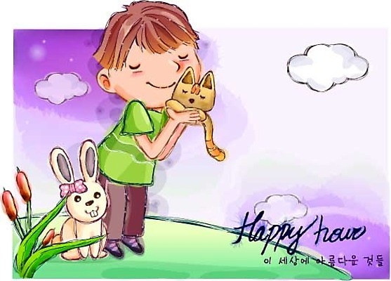 EPS 동물 남자 행복 감정 초등학생 어린이 일러스트 상상 자연 동화 한명 사람 소년 야외 고양이 토끼 순수 남자만 남자한명만 어린이만 소년만 소년한명만 국내일러스트 1 학생 컨셉 포유류 반려동물 생태계 파일형식 벡터