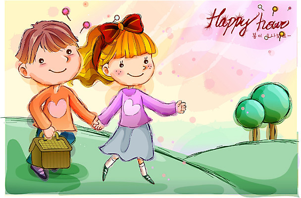 EPS 커플 여자 남자 행복 감정 어린이 일러스트 상상 자연 사람 소녀 소년 야외 두명 소풍 순수 어린이만 국내일러스트 컨셉 관계 야외활동 생태계 파일형식 벡터