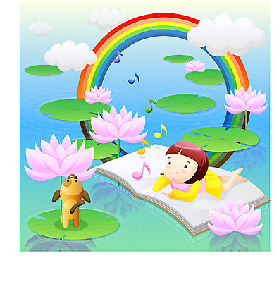 EPS 주간 전신 여자 어린이교육 교육 초등학생 어린이 엎드리기 무지개 일러스트 상상 연꽃 한명 사람 소녀 야외 책 연못 개 여자만 여자한명만 어린이만 소녀만 소녀한명만 국내일러스트 자연요소 1 학생 꽃 포유류 모션 파일형식 벡터