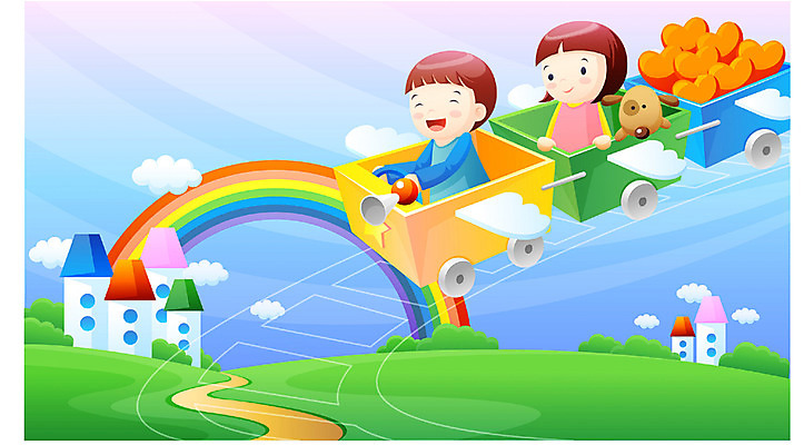 EPS 주간 여자 어린이교육 교육 남자 어린이 무지개 일러스트 상상 하늘 사람 앉기 소녀 소년 상반신 야외 두명 기차 개 기차놀이 어린이만 국내일러스트 자연요소 육상교통 포유류 모션 놀이 대중교통 파일형식 벡터