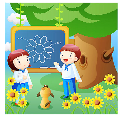 EPS 주간 전신 나무 학생 여자 어린이교육 교육 남자 교복 어린이 일러스트 하늘 서기 사람 소녀 소년 야외 두명 칠판 개 어린이만 국내일러스트 자연요소 식물 옷 포유류 모션 파일형식 벡터