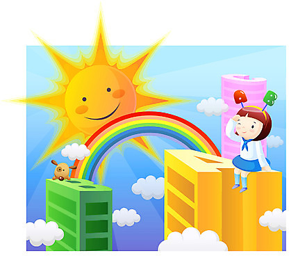 EPS 주간 전신 여자 어린이교육 교육 초등학생 어린이 무지개 일러스트 상상 하늘 한명 사람 앉기 소녀 야외 태양 여자만 여자한명만 어린이만 소녀만 소녀한명만 국내일러스트 자연요소 1 학생 모션 파일형식 벡터