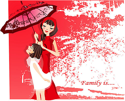 EPS 원피스 여자 딸 어린이 일러스트 우산 가정 가족 모녀 엄마 서기 사람 상반신 두명 소풍 양산 여자만 국내일러스트 옷 관계 모션 야외활동 파일형식 벡터