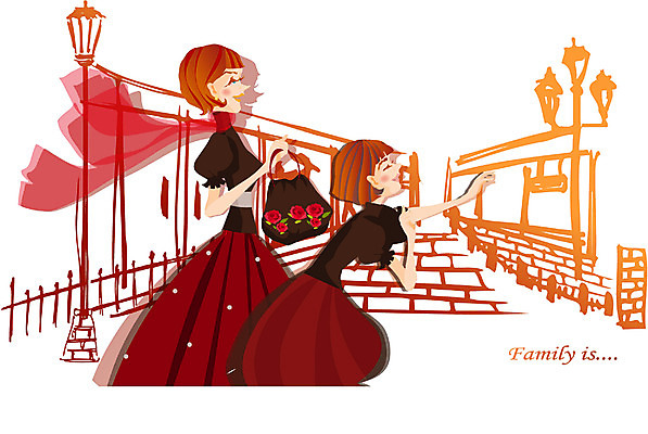 EPS 원피스 여자 딸 어린이 일러스트 가정 가족 모녀 엄마 서기 사람 상반신 야외 두명 쇼핑 소풍 스카프 여자만 국내일러스트 옷 관계 모션 야외활동 목도리 파일형식 벡터