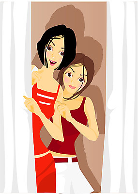 EPS 직업 학생 여자 대학생 포즈 일러스트 그림자 서기 사람 상반신 성인 두명 커튼 신입생 여자만 성인여자만 성인만 국내일러스트 모션 파일형식 벡터