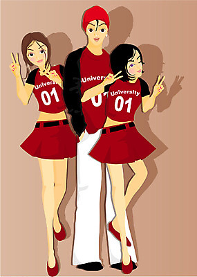 EPS 전신 직업 모자 학생 여자 남자 대학생 포즈 일러스트 응원 그림자 서기 사람 성인 세명 치마 미니스커트 신입생 치어리더 성인만 국내일러스트 잡화 모션 하의 파일형식 벡터