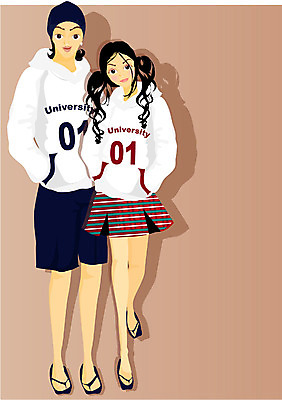 EPS 전신 직업 모자 학생 커플 여자 남자 대학생 포즈 유니폼 일러스트 그림자 서기 사람 성인 두명 샌들 신입생 성인만 국내일러스트 잡화 옷 신발 관계 모션 파일형식 벡터