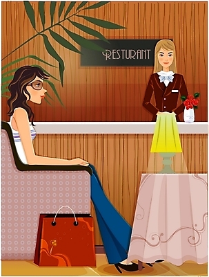 EPS 여자 산업 음료 음식 일러스트 실내 사람 성인 두명 레스토랑 서비스업 웨이트리스 종업원 고객 요식 여자만 성인여자만 성인만 국내일러스트 직업 내부 식당 파일형식 벡터