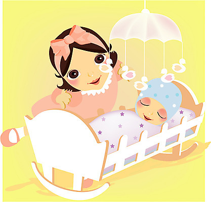 EPS 여자 일러스트 가족 사람 상반신 두명 침대 아기 모빌 요람 여자만 아기만 국내일러스트 가구 관계 아기용품 파일형식 벡터