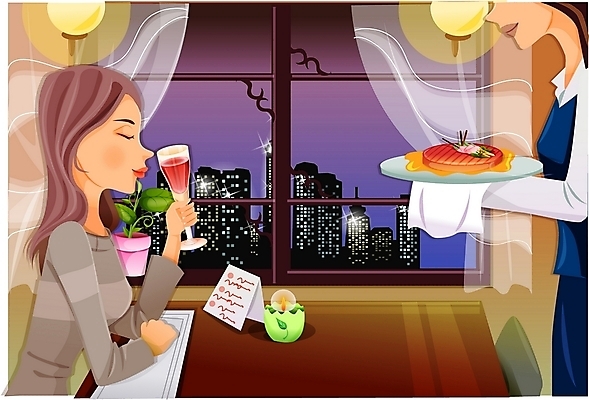 EPS 여자 산업 음료 음식 일러스트 실내 스테이크 사람 성인 두명 레스토랑 와인 야간 서비스업 웨이트리스 서빙 요식 여자만 성인여자만 성인만 국내일러스트 자연요소 직업 주류 서양음식 내부 식당 종업원 파일형식 벡터