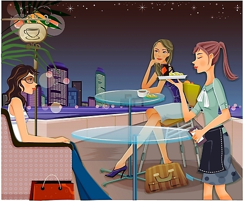 EPS 여자 산업 음료 음식 야경 일러스트 사람 성인 야외 세명 레스토랑 서비스업 웨이트리스 종업원 고객 서빙 요식 여자만 성인여자만 성인만 국내일러스트 직업 식당 야간 파일형식 벡터 풍경_경치