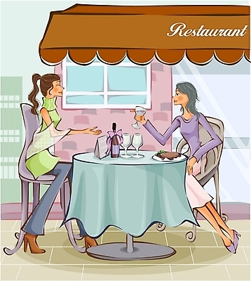 EPS 여자 산업 음료 음식 일러스트 탁자 사람 성인 야외 두명 친구 레스토랑 식사 서비스업 요식 여자만 성인여자만 성인만 국내일러스트 직업 가구 관계 식당 파일형식 벡터