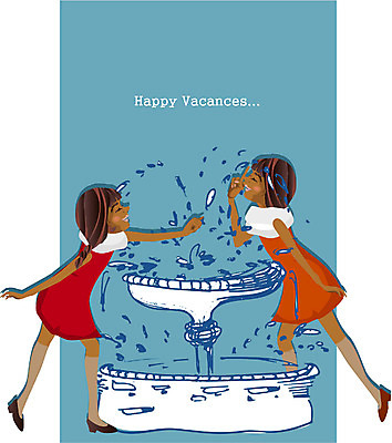 EPS 전신 원피스 여자 어린이 여행 포즈 일러스트 물놀이 휴가 휴식 서기 사람 야외 두명 물 여름휴가 바캉스 분수 분수대 분수_분수대 여자만 어린이만 소녀만 국내일러스트 자연요소 옷 컨셉 모션 놀이 파일형식 벡터 여름_계절