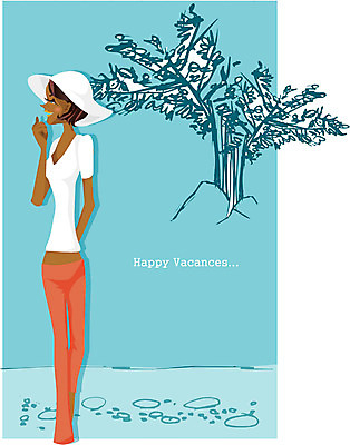 EPS 전신 나무 모자 여자 여행 포즈 일러스트 휴가 휴식 한명 서기 사람 20대 성인 야외 여름휴가 바캉스 단발머리 여자만 여자한명만 성인여자만 청년만 청년여자만 성인한명만 청년여자한명만 성인여자한명만 성인만 국내일러스트 식물 1 헤어스타일 잡화 컨셉 모션 청년 파일형식 벡터 여름_계절