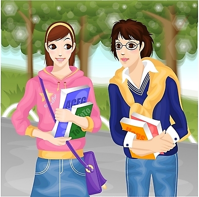 EPS 주간 나무 직업 학생 공원 공공시설 여자 대학생 가방 일러스트 서기 사람 상반신 야외 두명 책 친구 여자만 국내일러스트 자연요소 식물 잡화 관계 모션 시설 파일형식 벡터