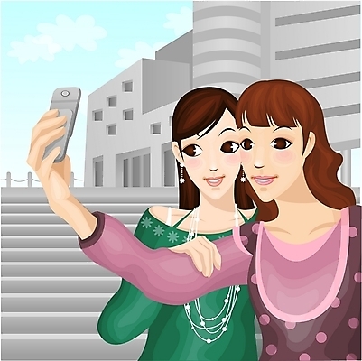 EPS 직업 학생 여자 대학생 일러스트 사람 상반신 두명 건물 친구 스마트폰 카메라 촬영 셀프카메라 대학교 기념사진 여자만 국내일러스트 건축물 학교 관계 전자제품 핸드폰 스마트기기 사진촬영 파일형식 벡터