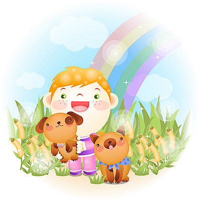 EPS 주간 전신 동물 남자 감정 초등학생 어린이 무지개 일러스트 상상 하늘 한명 서기 사람 소년 야외 반려동물 금발 개 강아지 순수 남자만 남자한명만 어린이만 소년만 소년한명만 국내일러스트 자연요소 1 학생 헤어스타일 컨셉 포유류 모션 파일형식 벡터