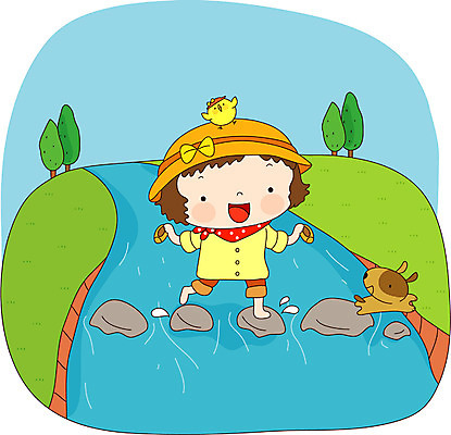 EPS 주간 전신 여자 어린이라이프 초등학생 어린이 여행 일러스트 휴가 한명 서기 사람 소녀 야외 강 개울 개 징검다리 여자만 여자한명만 어린이만 소녀만 소녀한명만 국내일러스트 자연요소 1 학생 라이프스타일 포유류 모션 다리_건축물 파일형식 벡터