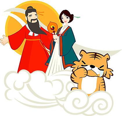 EPS 클립아트 동물 구름 여자 교육 기념일 남자 일러스트 사람 두명 호랑이 개천절 단군 단군신화 승천 환웅 국내일러스트 자연요소 포유류 이벤트 공휴일 국경일 신화 파일형식 벡터