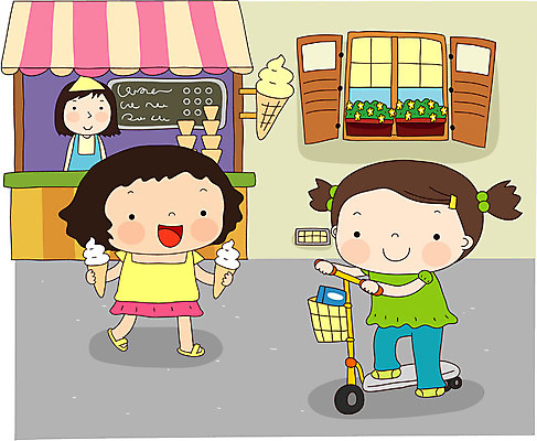 EPS 전신 여자 어린이라이프 어린이 일러스트 아이스크림 서기 사람 야외 세명 친구 상점 퀵보드 여자만 어린이만 소녀만 국내일러스트 라이프스타일 교통수단 관계 모션 디저트 파일형식 벡터