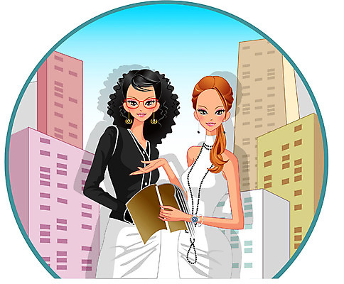 EPS 주간 여자 일러스트 비즈니스 서기 사람 빌딩 상반신 야외 두명 비즈니스우먼 동료 여자만 국내일러스트 자연요소 관계 모션 건물 직장인 파일형식 벡터