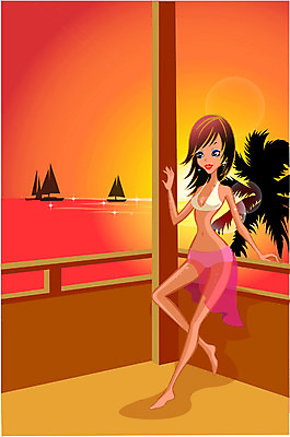 EPS 계절 여자 수영복 바다 여행 포즈 일러스트 휴가 휴식 한명 사람 20대 성인 야외 여름 여름휴가 바캉스 비키니 일몰 여자만 여자한명만 성인여자만 청년만 청년여자만 성인한명만 청년여자한명만 성인여자한명만 성인만 국내일러스트 1 옷 컨셉 청년 노을 파일형식 벡터 여름_계절