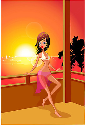 EPS 계절 여자 수영복 바다 여행 포즈 일러스트 휴가 휴식 한명 사람 20대 성인 야외 여름 여름휴가 바캉스 비키니 일몰 여자만 여자한명만 성인여자만 청년만 청년여자만 성인한명만 청년여자한명만 성인여자한명만 성인만 국내일러스트 1 옷 컨셉 청년 노을 파일형식 벡터 여름_계절