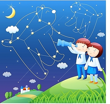 EPS 전신 학생 여자 어린이교육 교육 남자 교복 초등학생 어린이 일러스트 곰 밤하늘 서기 사람 소녀 소년 야외 두명 친구 망원경 별자리 관찰 체험학습 어린이만 국내일러스트 동물 옷 포유류 관계 모션 하늘 체험 야간 파일형식 벡터