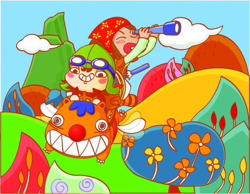 EPS 주간 나무 남자 여행 일러스트 휴가 산 사람 소년 야외 두명 판타지 망원경 도전 비행 관찰 모험가 너구리 남자만 국내일러스트 자연요소 식물 어린이 포유류 모션 상상 파일형식 벡터