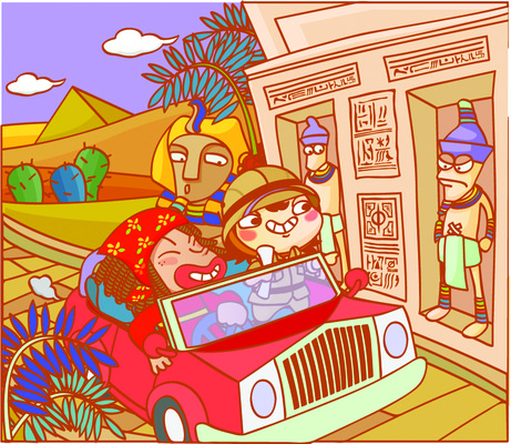 EPS 주간 남자 여행 일러스트 자동차 휴가 이집트 사람 소년 야외 두명 조각상 사막 세계문화유산 도전 모험가 이집트문화 스핑크스 남자만 국내일러스트 자연요소 어린이 육상교통 외국문화 아프리카 조형물 문화재 파일형식 벡터