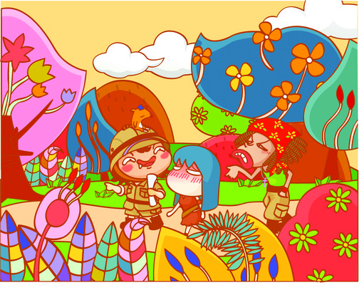 EPS 주간 나무 여자 남자 섬 여행 일러스트 휴가 사람 소년 야외 세명 도전 숲 모험가 국내일러스트 자연요소 식물 어린이 파일형식 벡터