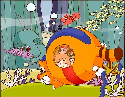 EPS 여자 남자 바다 여행 일러스트 휴가 어류 사람 소년 세명 해저 도전 해조류 잠수함 너구리 국내일러스트 어린이 포유류 바닷속 수중동물 해양식물 파일형식 벡터